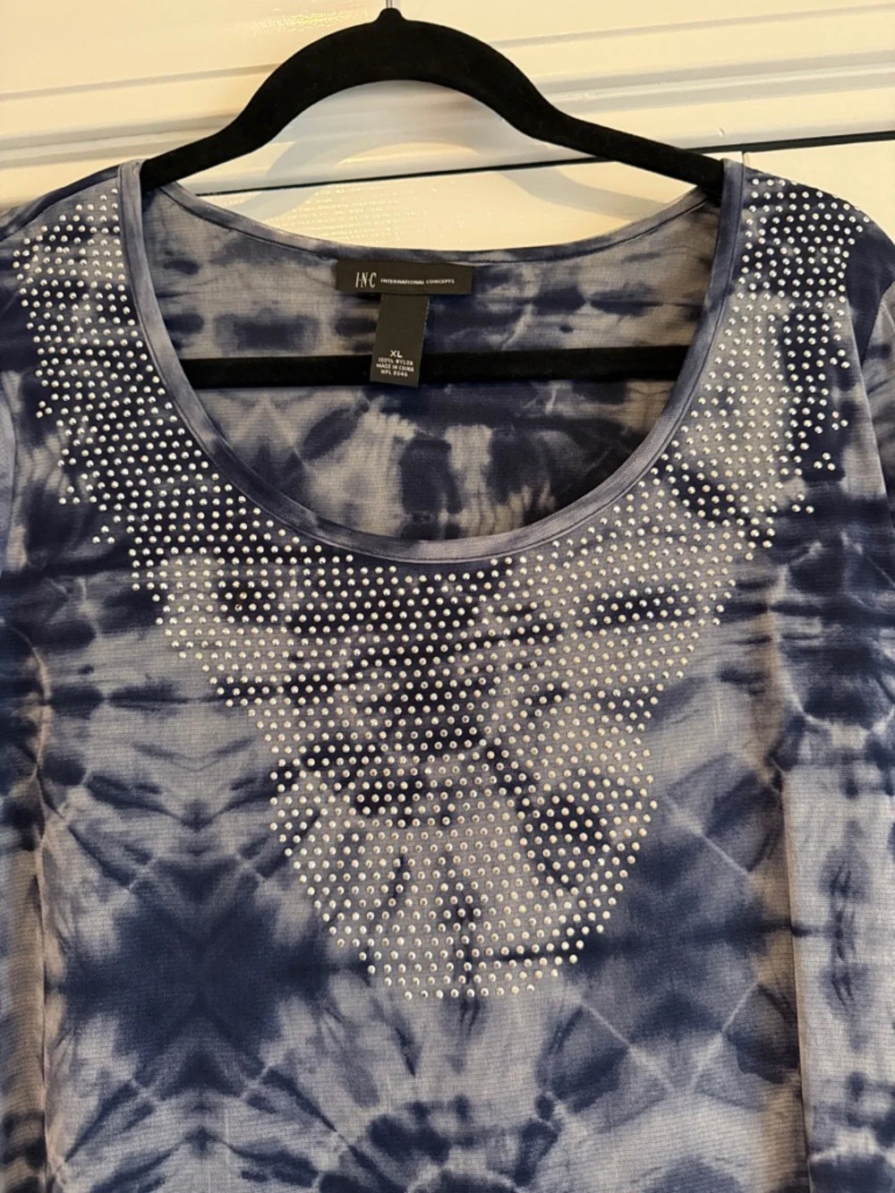 INC International Concepts Navy Tie-Dye Scoop Neck Top with Stud Embellishment